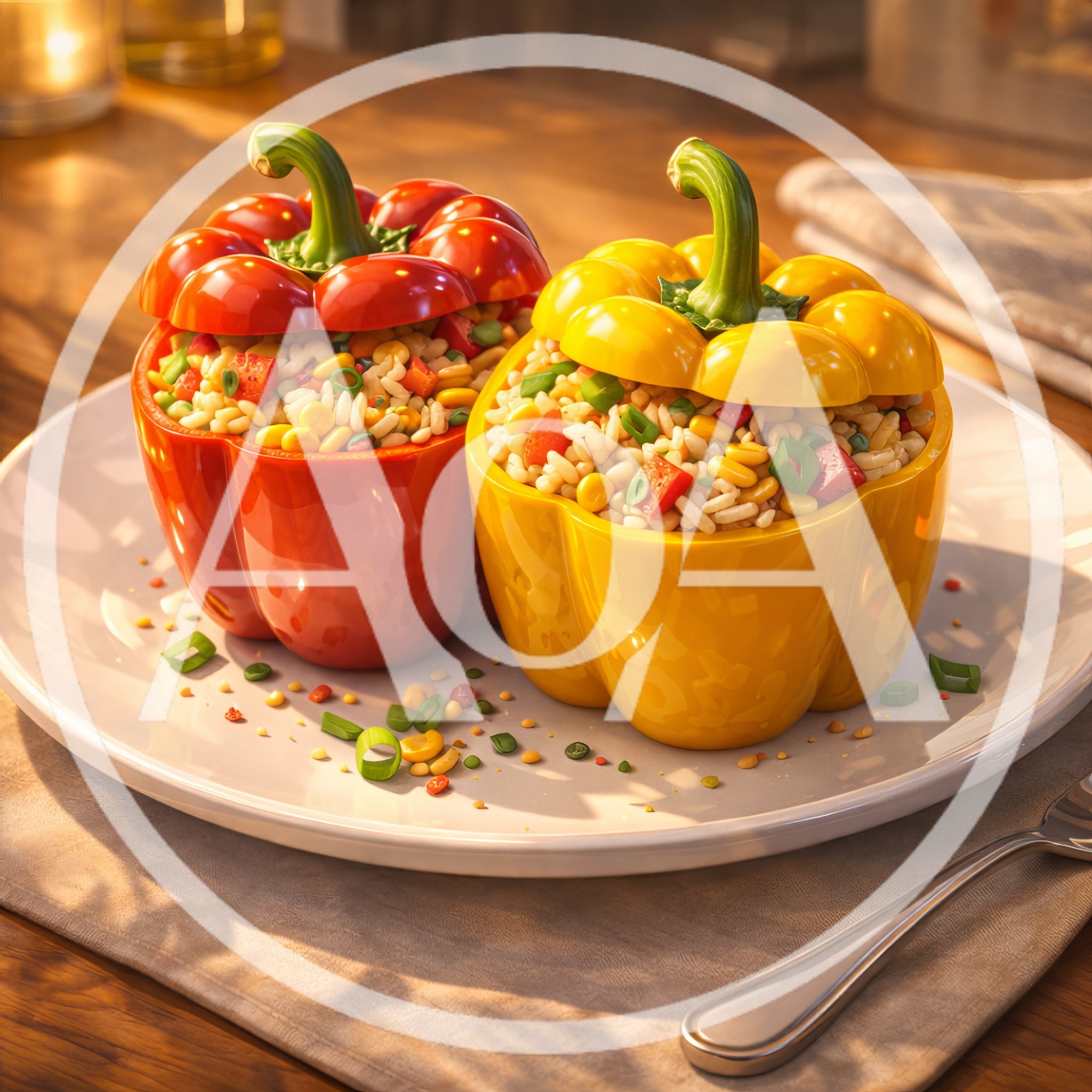 Stuffed Red and Yellow Bell Peppers on a Plate