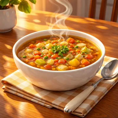 Steaming Bowl Of Vegetable Soup On A Wooden Table