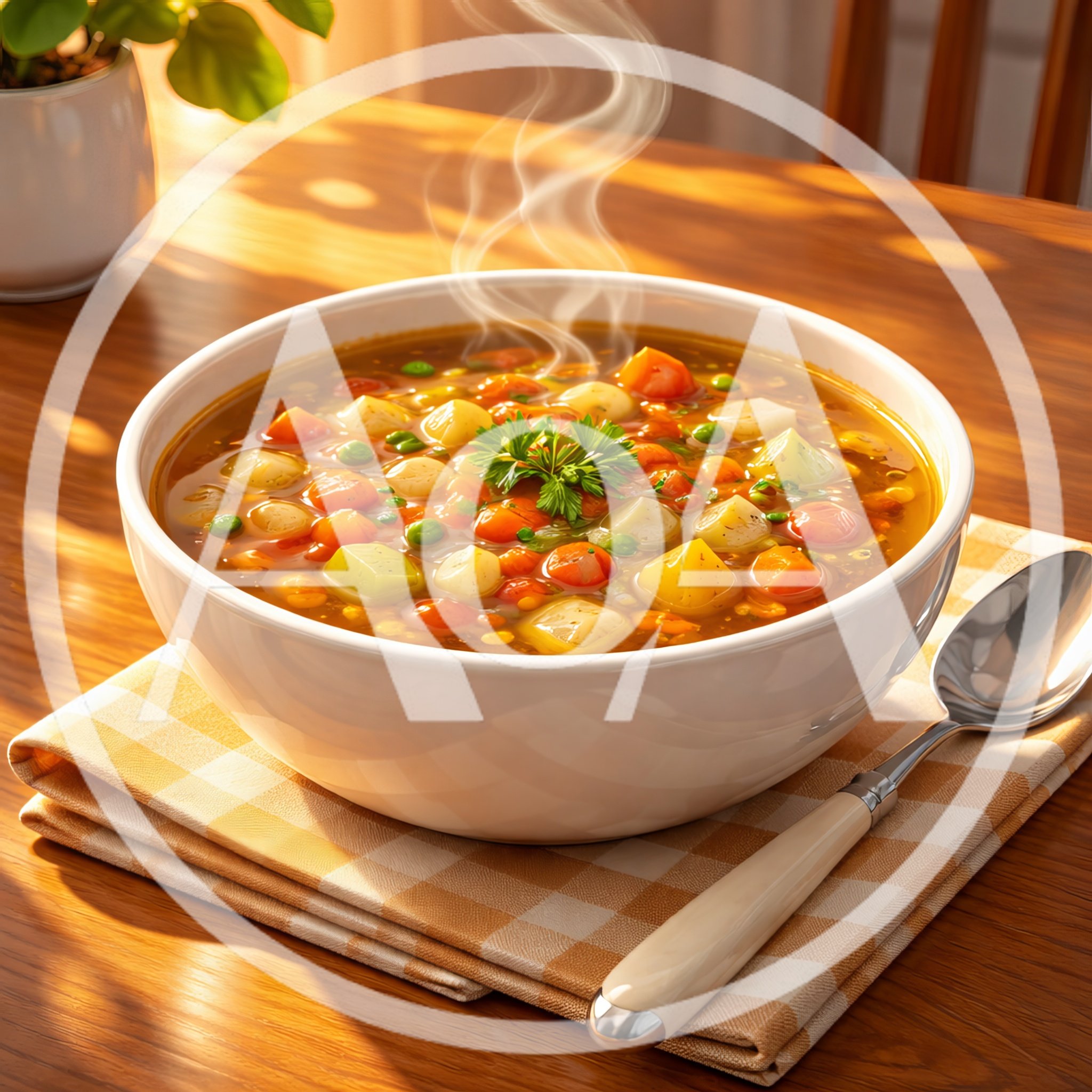 Steaming Bowl Of Vegetable Soup On A Wooden Table