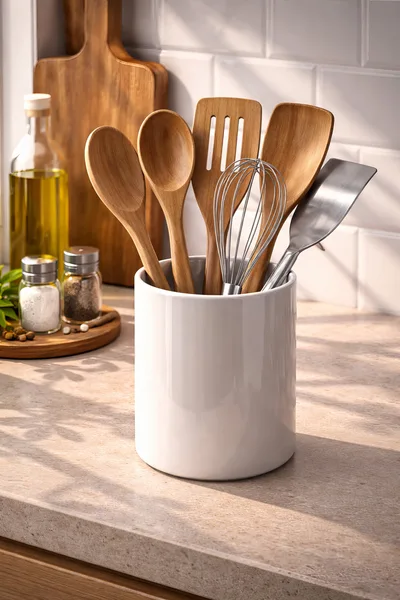 Kitchen Utensils In A White Ceramic Holder
