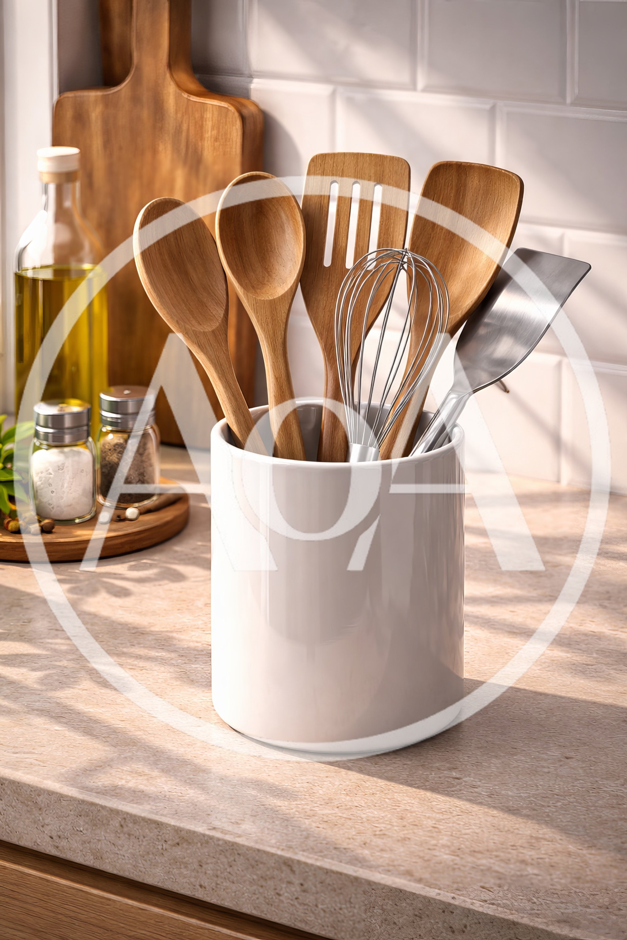 Kitchen Utensils In A White Ceramic Holder