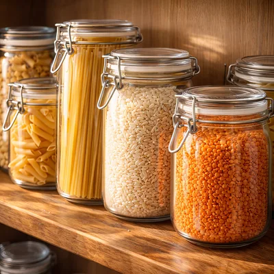 Glass Storage Jars Filled With Dry Pantry Staples