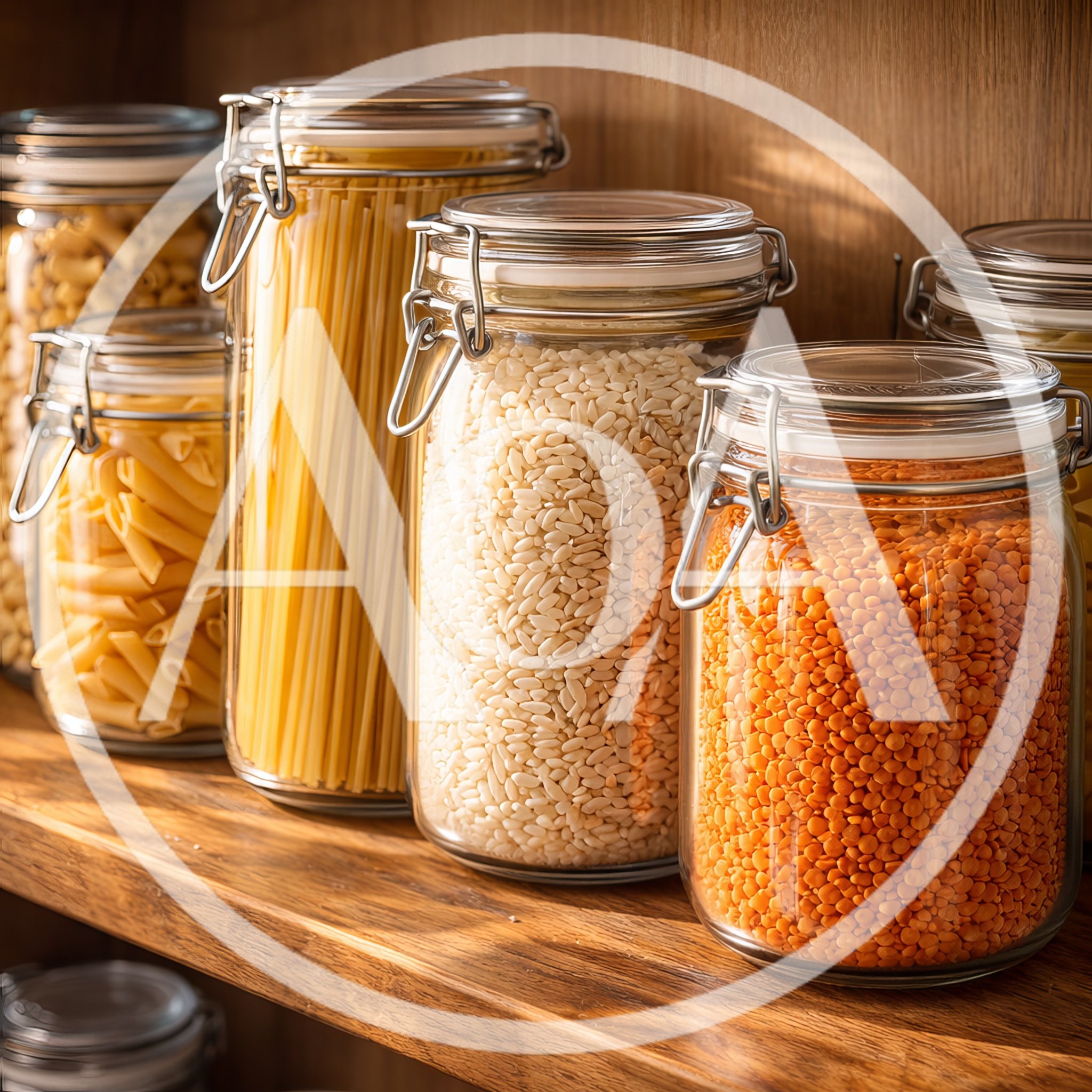 Glass Storage Jars Filled With Dry Pantry Staples