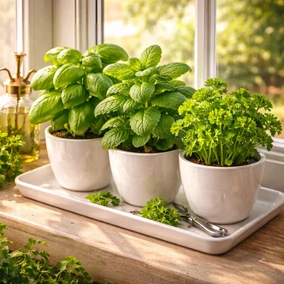 Three Potted Herb Plants On A Sunny Windowsill