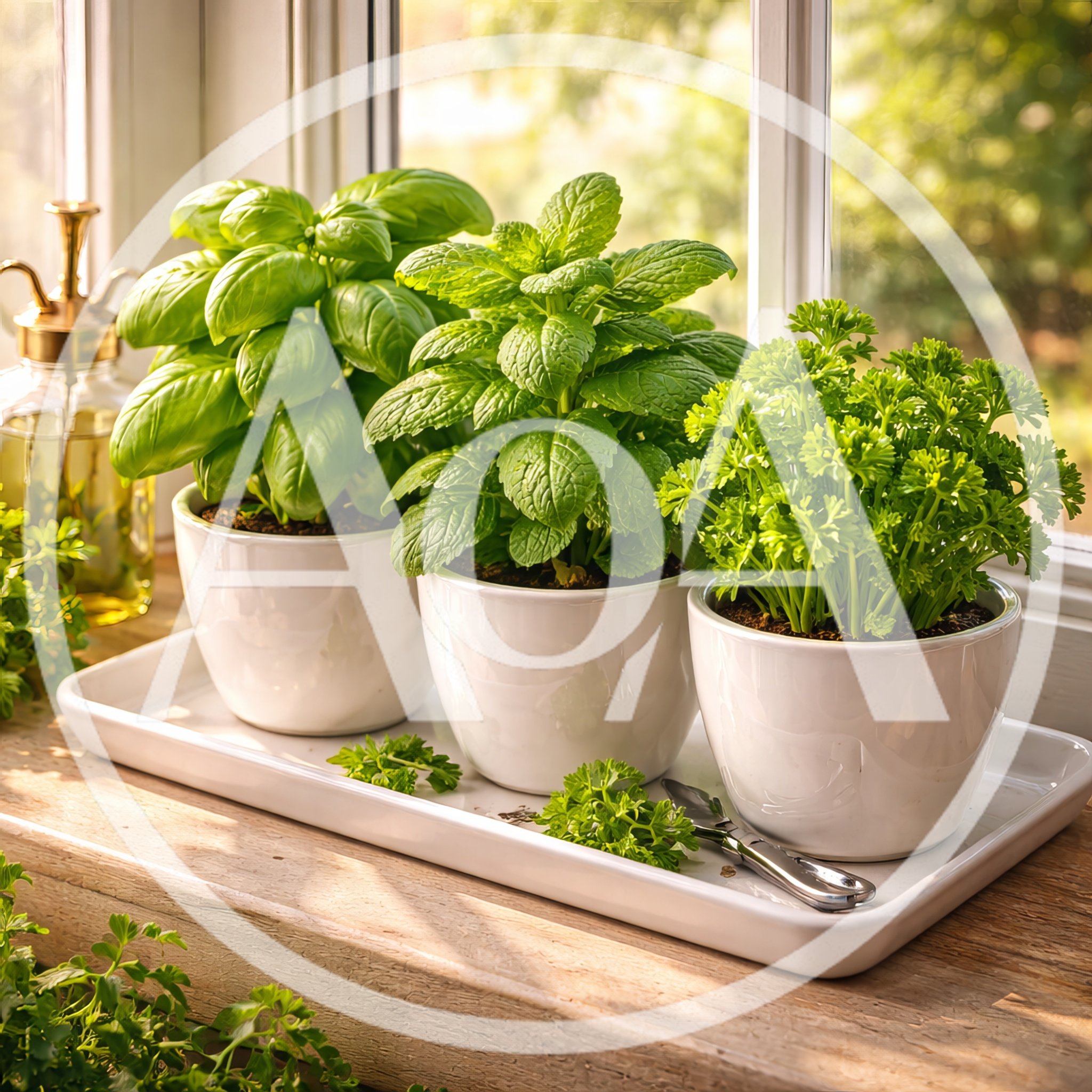Three Potted Herb Plants On A Sunny Windowsill