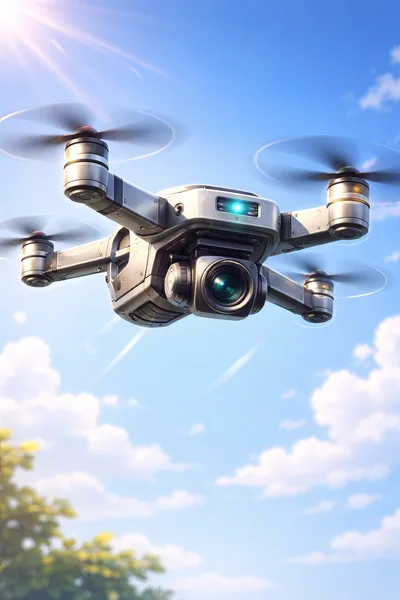 Modern Quadcopter Drone Flying In Bright Blue Sky