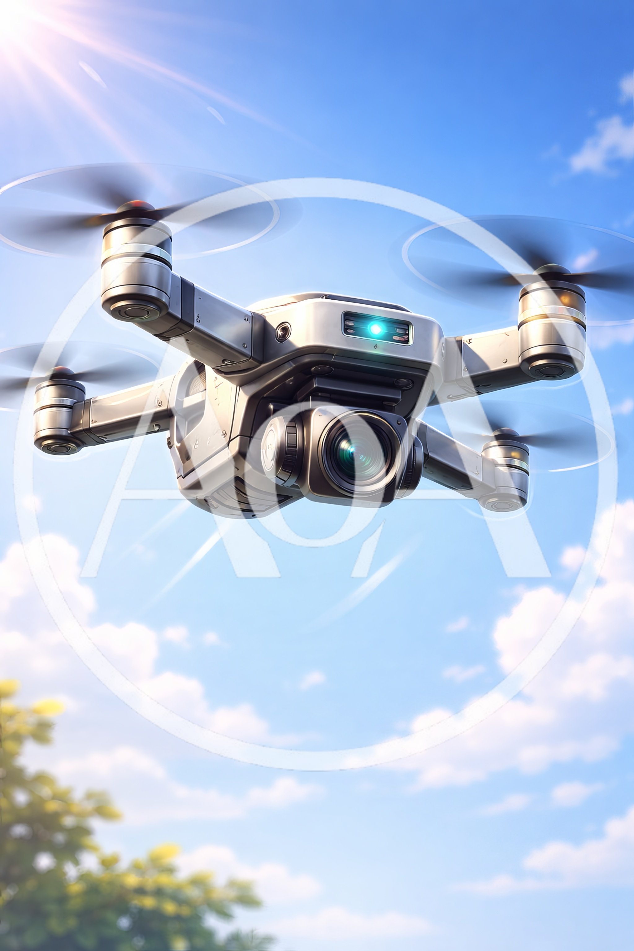 Modern Quadcopter Drone Flying In Bright Blue Sky