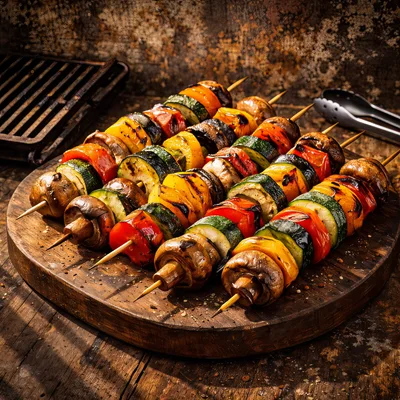 Grilled Vegetable Skewers On A Wooden Cutting Board