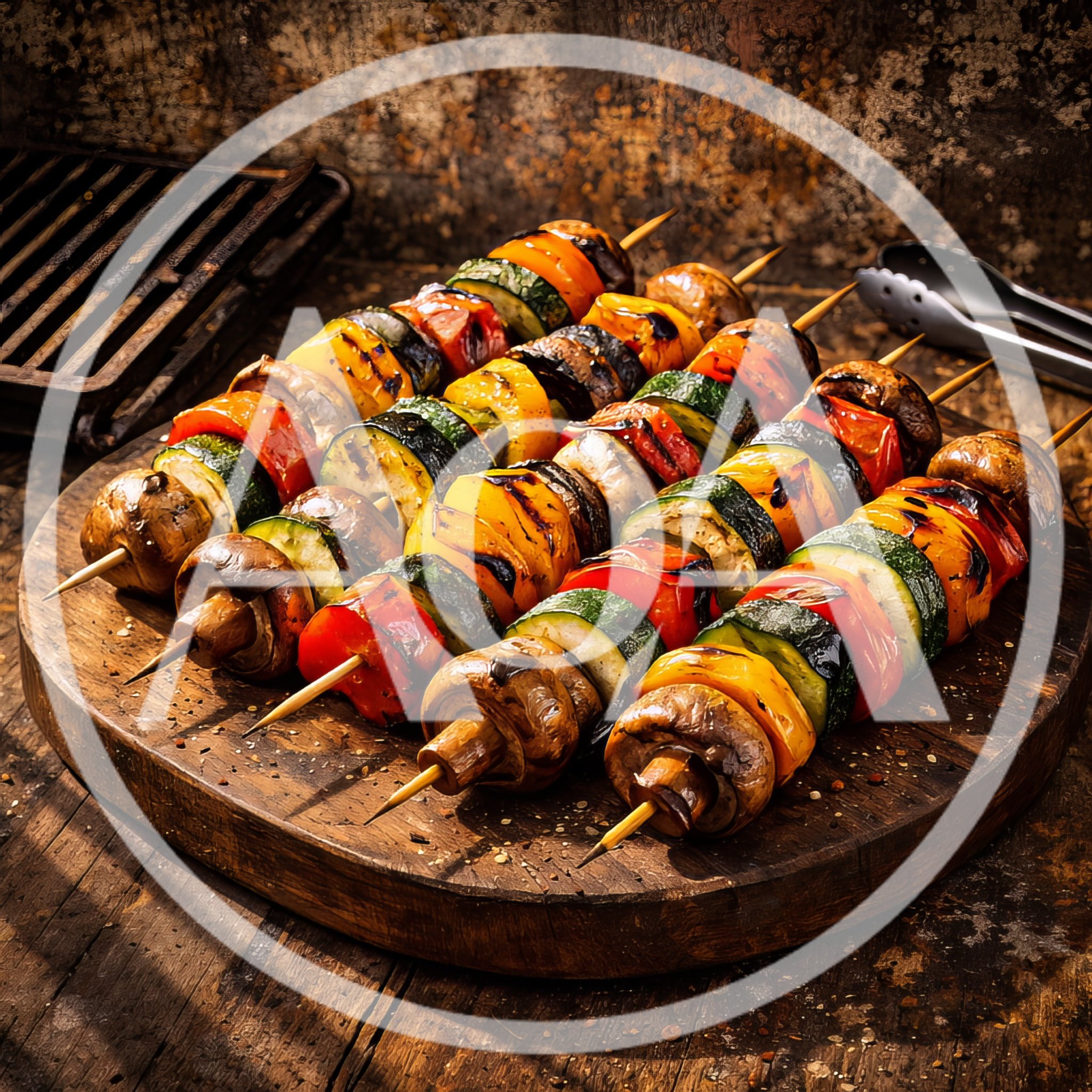 Grilled Vegetable Skewers On A Wooden Cutting Board