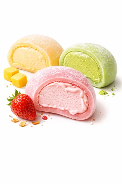 Three Flavors Of Mochi Ice Cream With Fruit