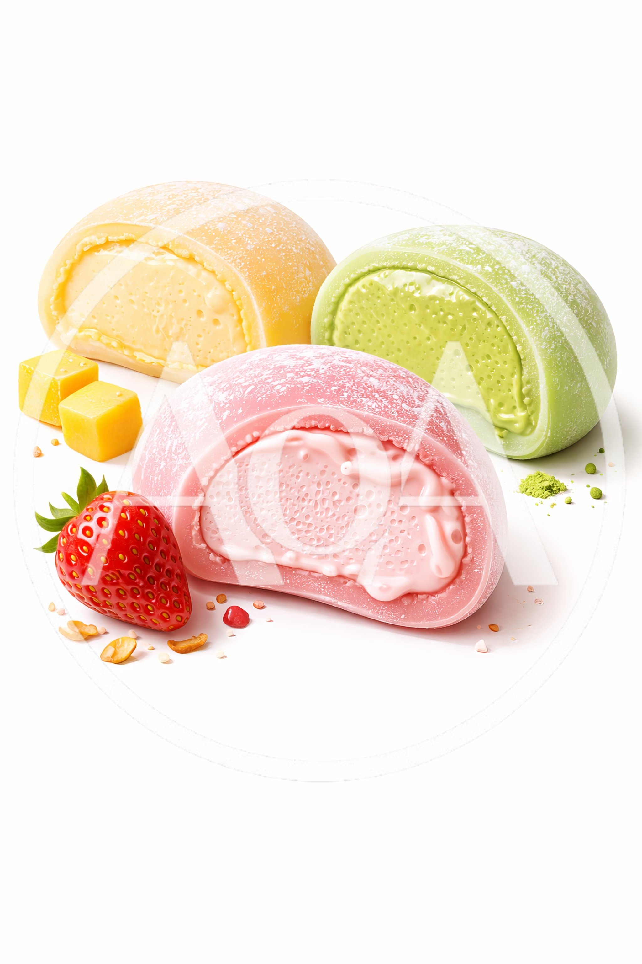 Three Flavors Of Mochi Ice Cream With Fruit