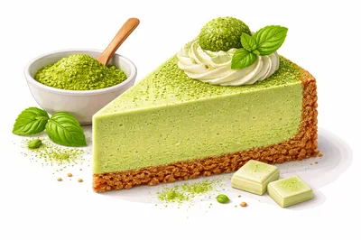 Matcha Green Tea Cheesecake Slice With Powder And Garnish
