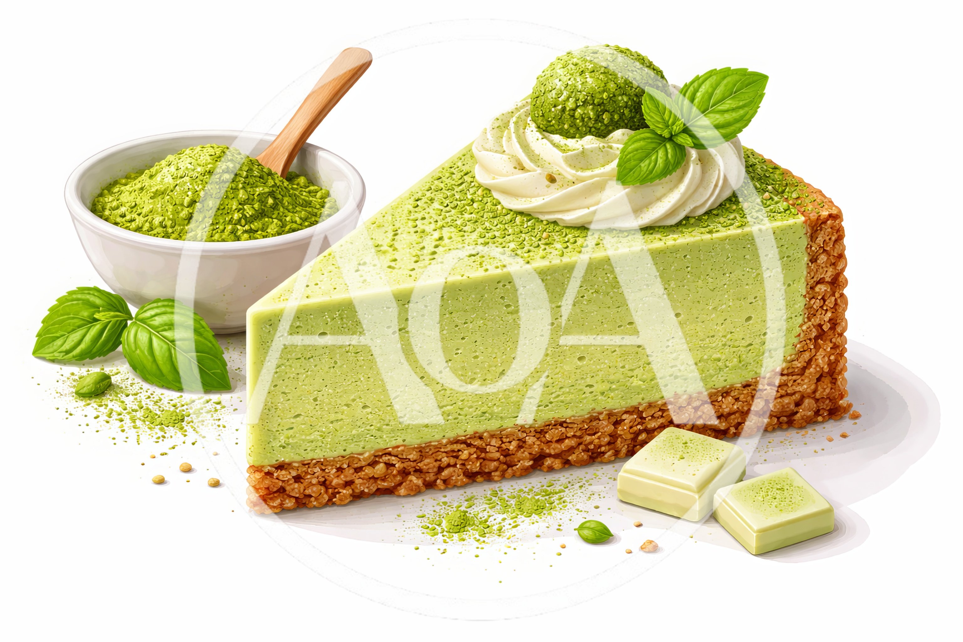 Matcha Green Tea Cheesecake Slice With Powder And Garnish