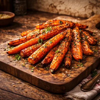 Roasted Glazed Carrots On A Wooden Cutting Board