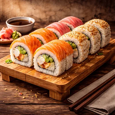 Fresh Salmon and Sesame Sushi Rolls on Wooden Board