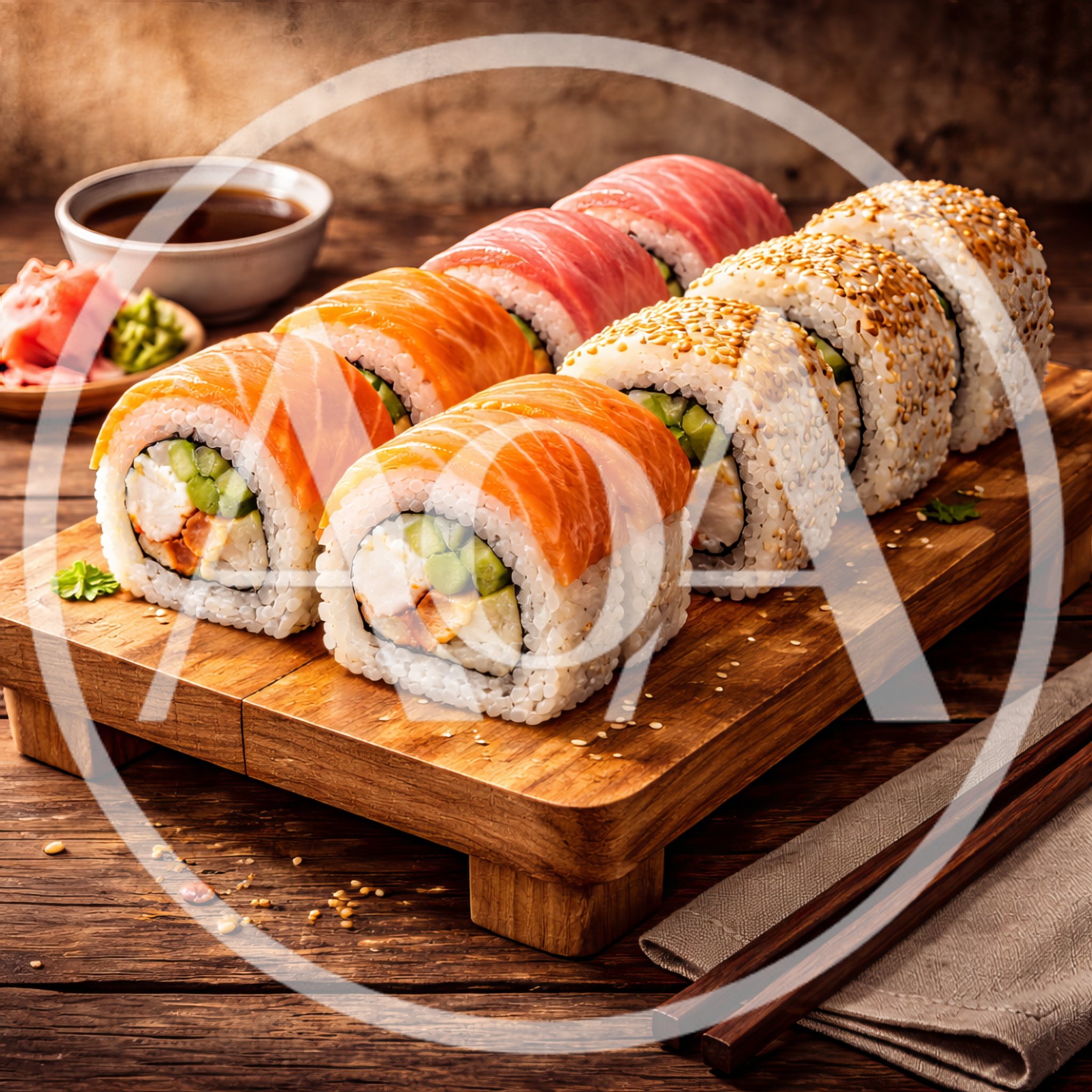 Fresh Salmon and Sesame Sushi Rolls on Wooden Board