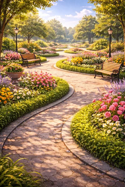 Sunlit Garden Path With Wooden Benches And Flowers