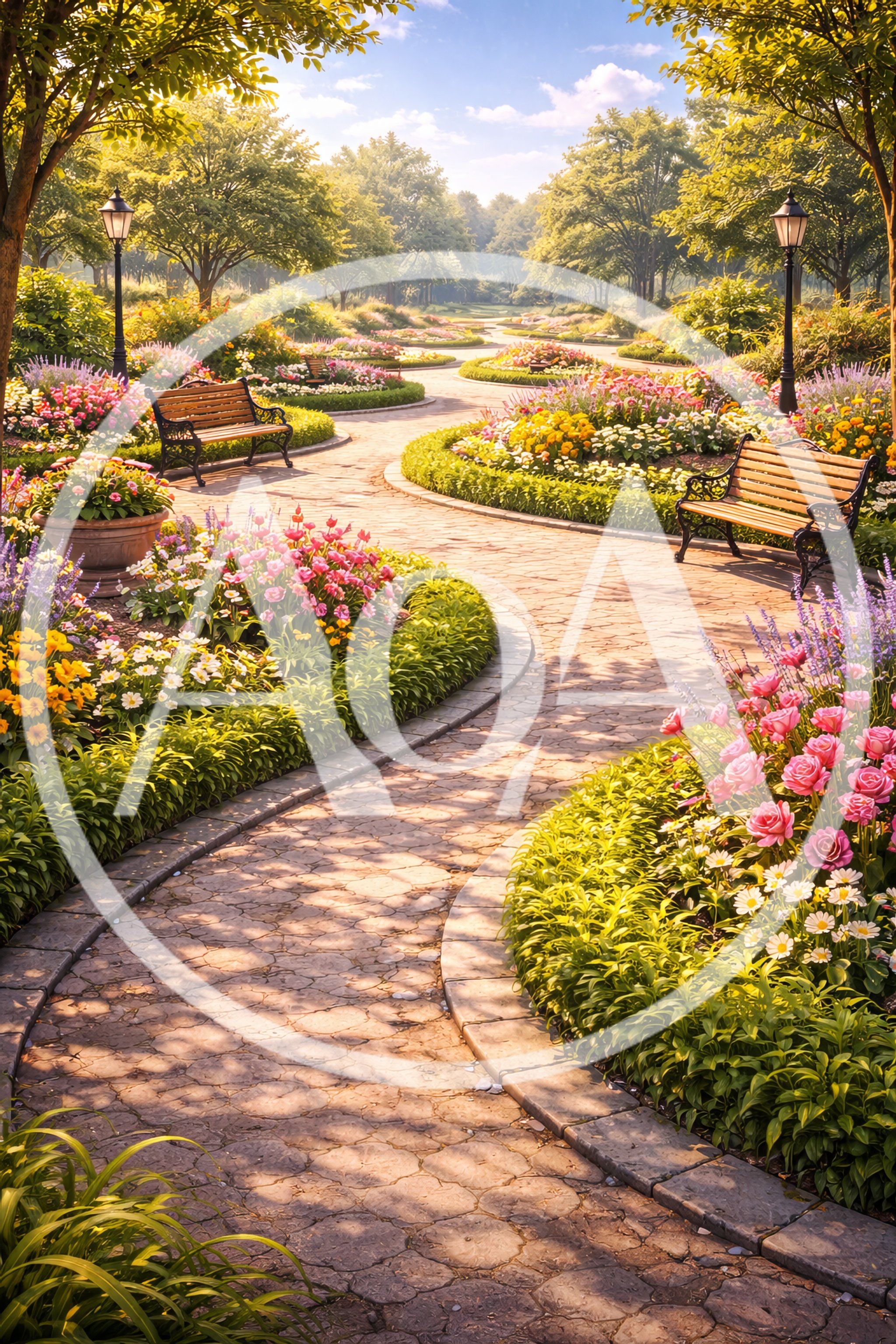Sunlit Garden Path With Wooden Benches And Flowers