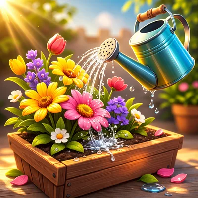Watering Vibrant Spring Flowers In A Wooden Planter