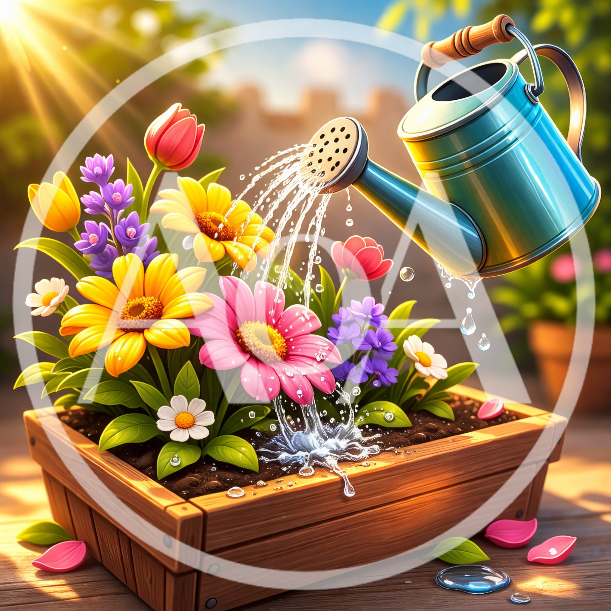 Watering Vibrant Spring Flowers In A Wooden Planter