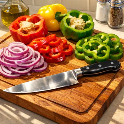 Fresh Vegetables Sliced On A Wooden Cutting Board