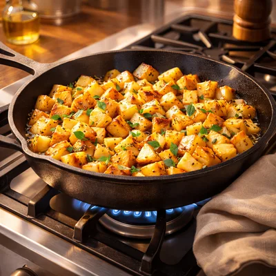 Golden Roasted Potatoes Cooking In A Cast Iron Skillet