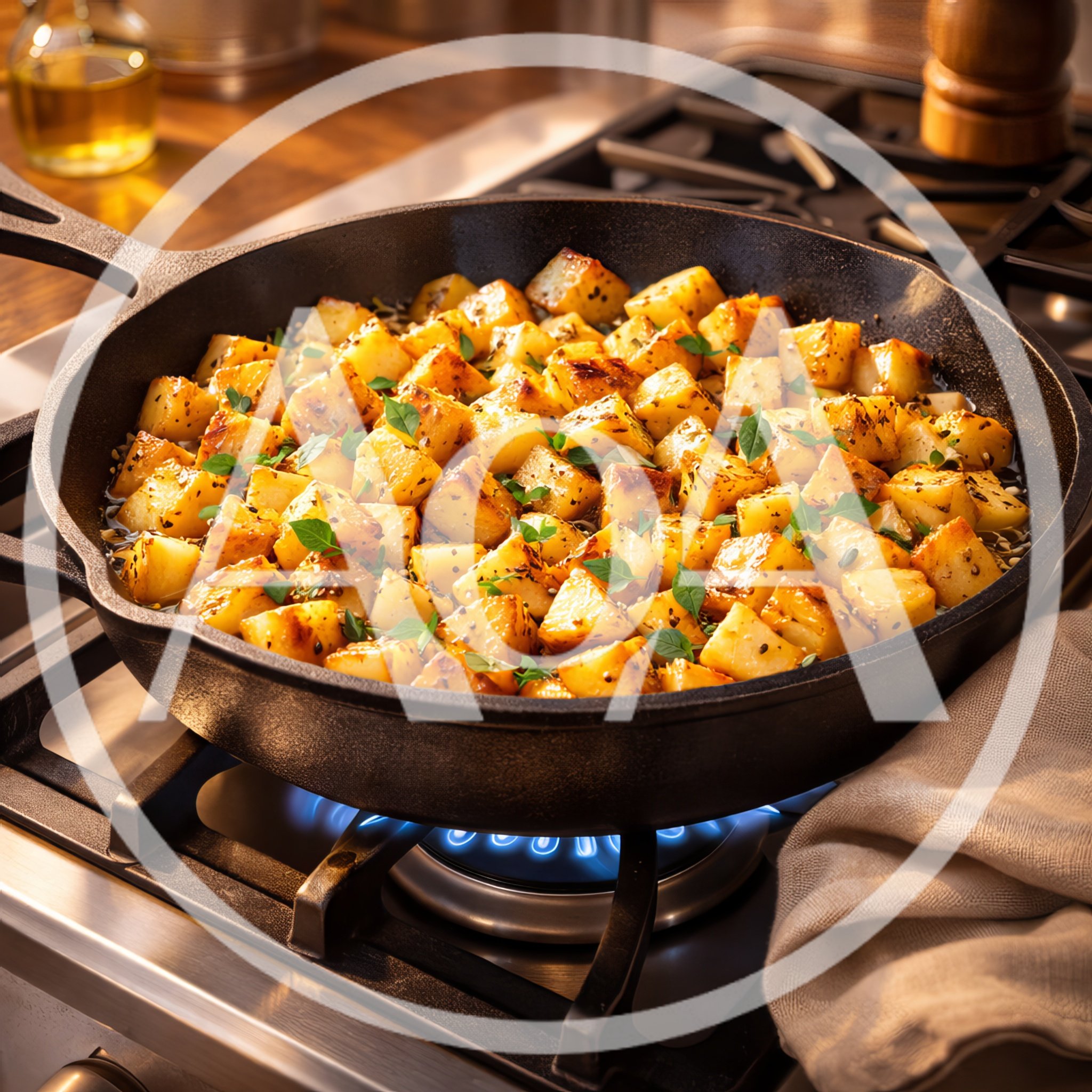 Golden Roasted Potatoes Cooking In A Cast Iron Skillet