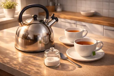 Stainless Steel Tea Kettle And Two Cups Of Tea