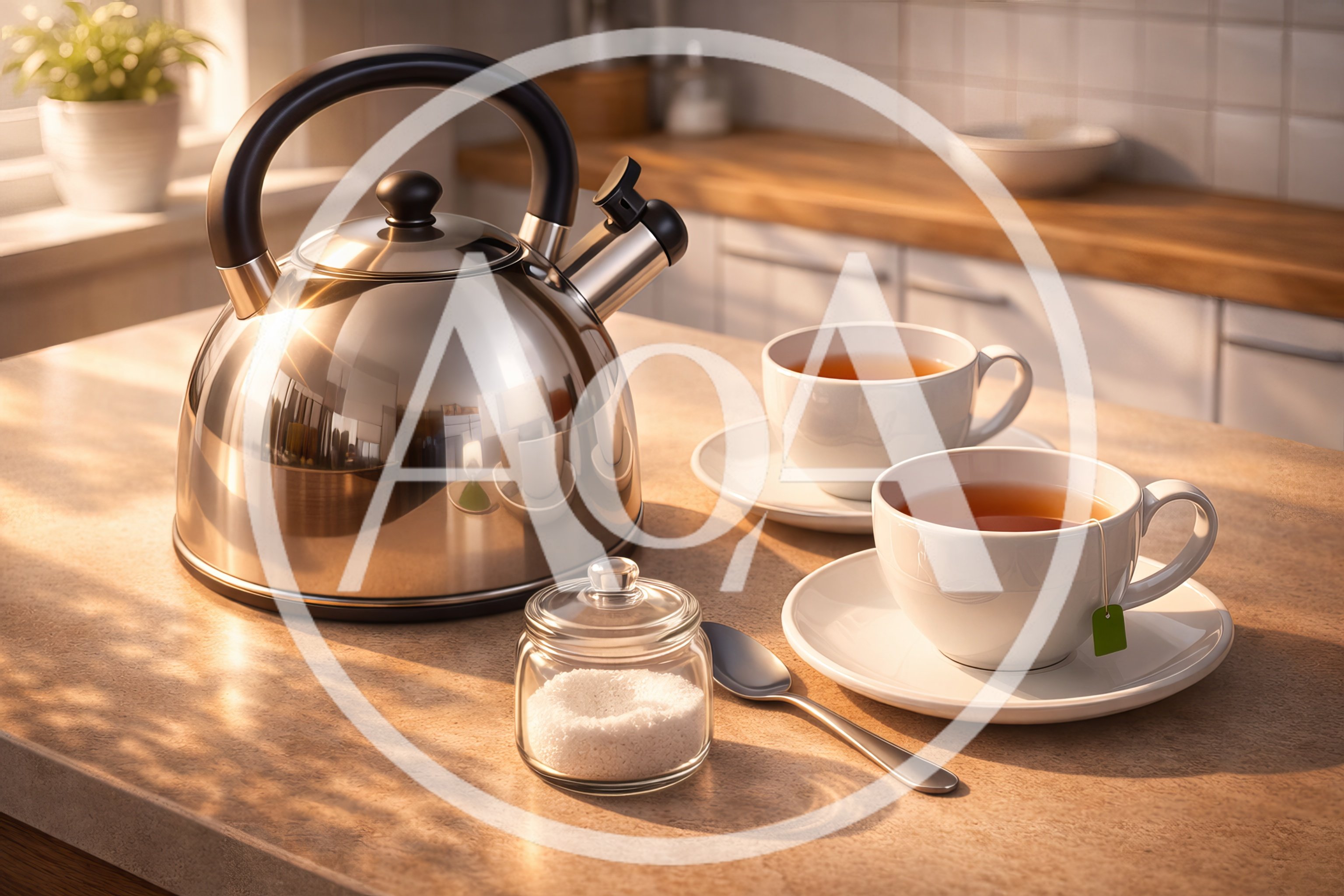 Stainless Steel Tea Kettle And Two Cups Of Tea