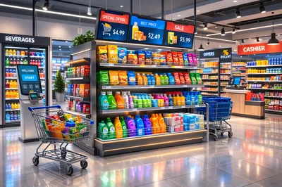 Modern Supermarket Interior With Shopping Carts And Shelves