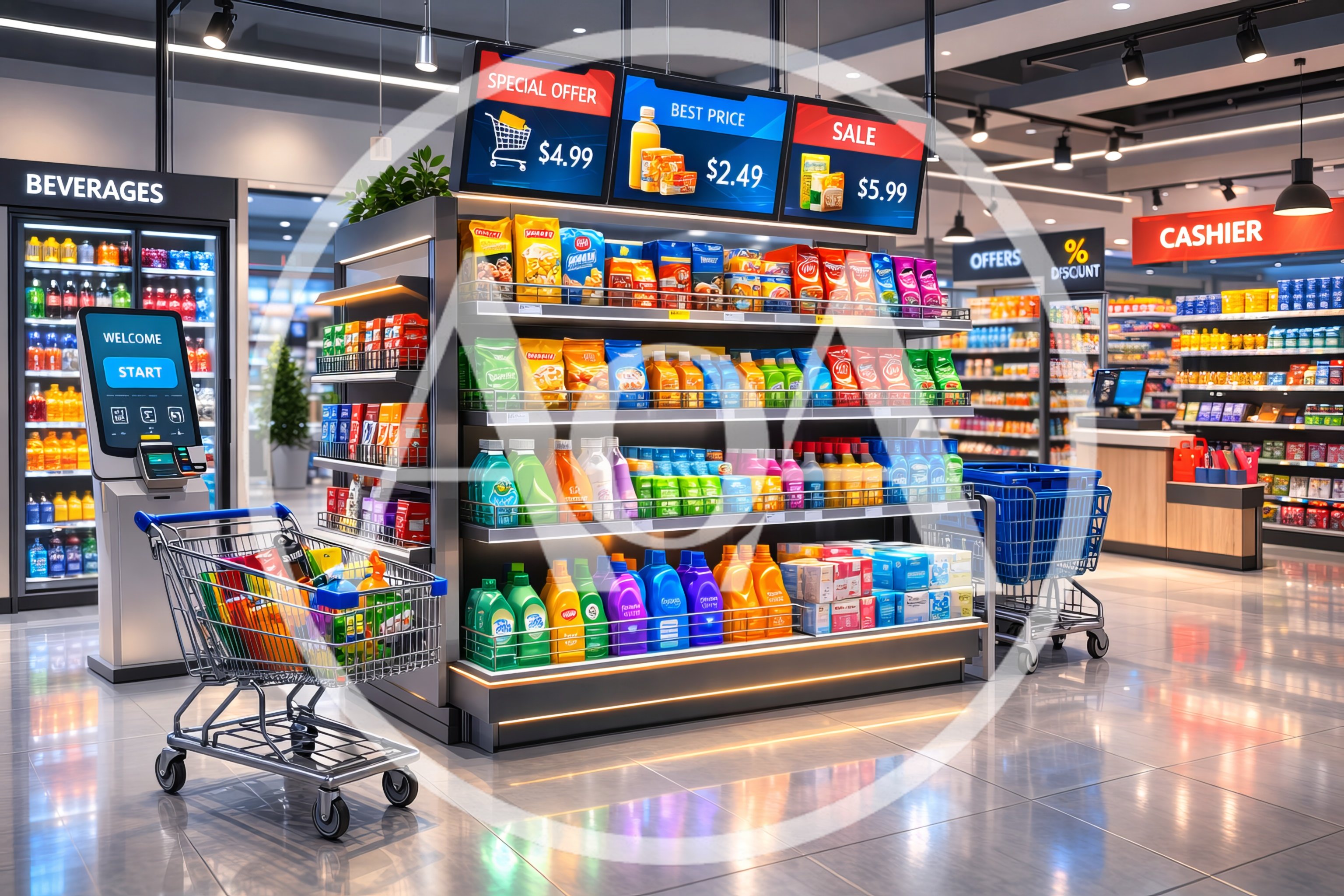 Modern Supermarket Interior With Shopping Carts And Shelves