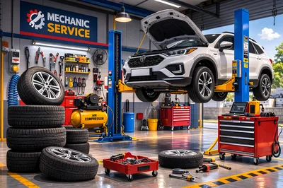 Modern Auto Repair Shop With Car On Lift