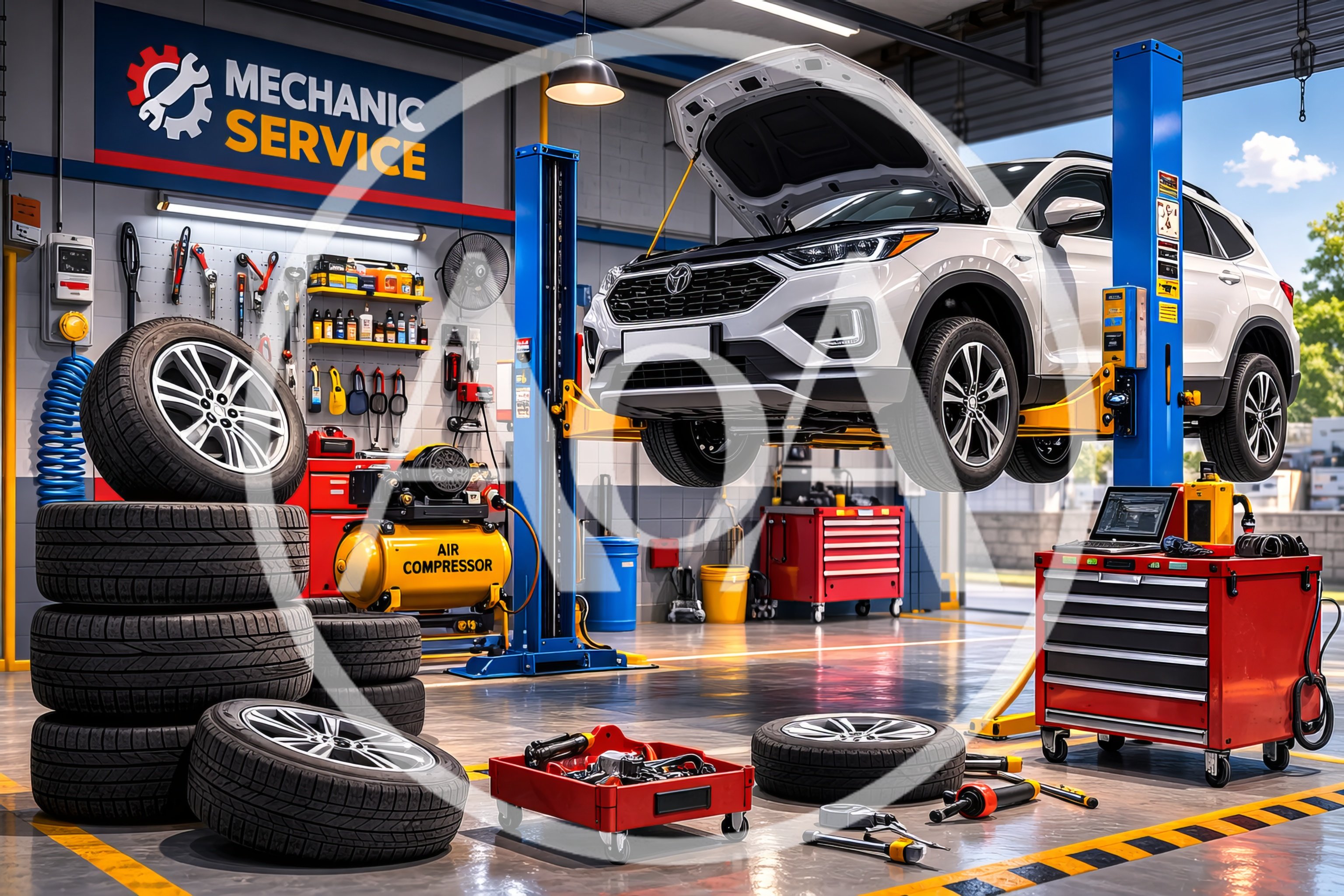 Modern Auto Repair Shop With Car On Lift