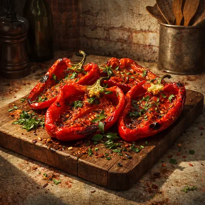 Roasted Red Bell Peppers On A Wooden Cutting Board