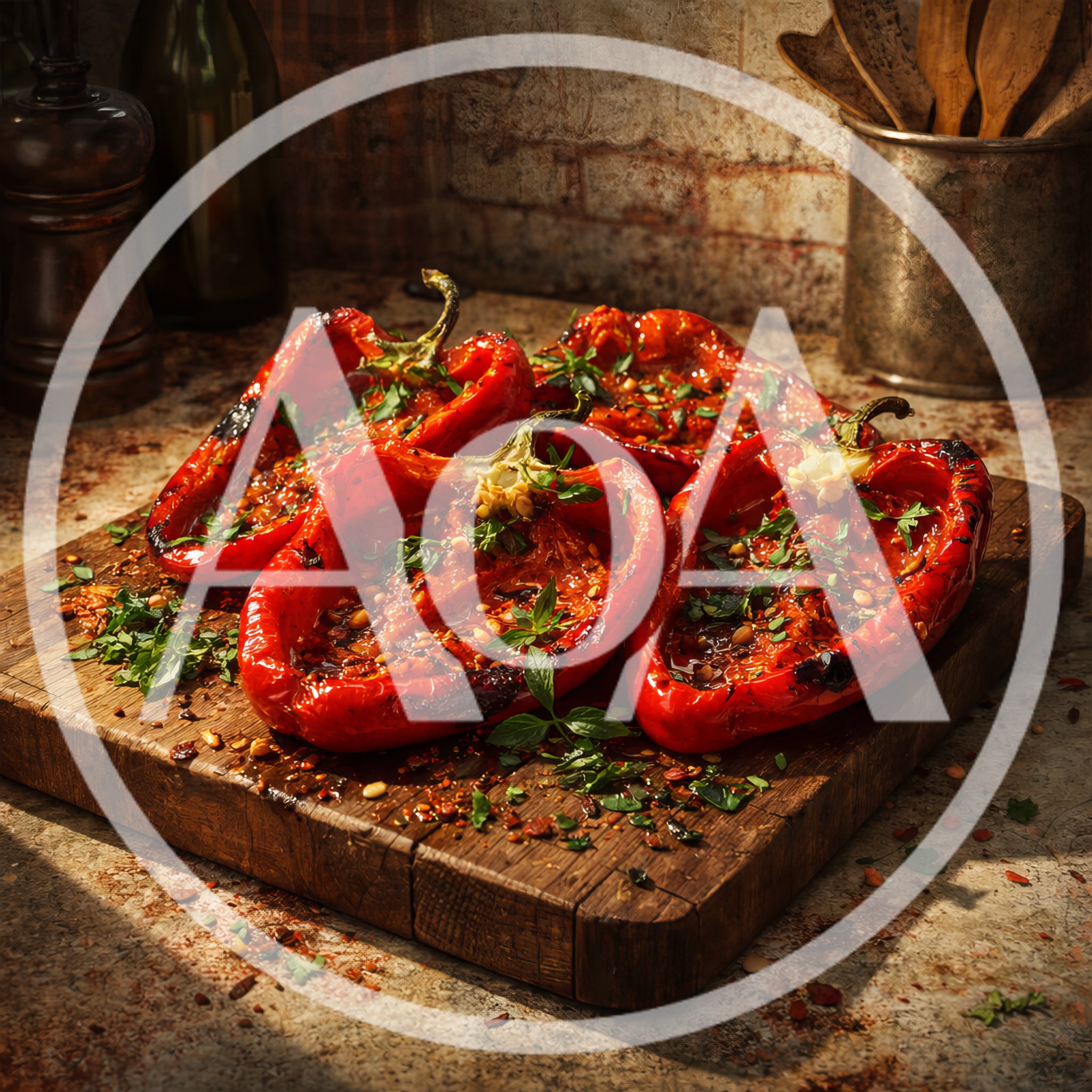 Roasted Red Bell Peppers On A Wooden Cutting Board