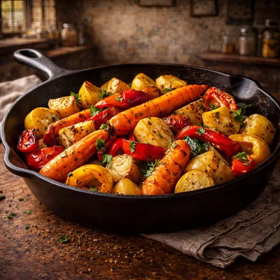 Roasted Vegetables In A Cast Iron Skillet