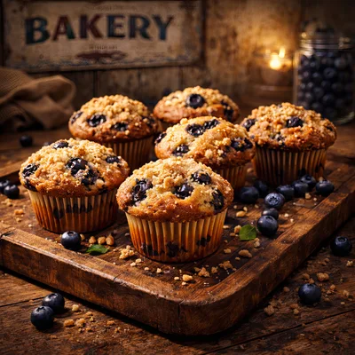 Freshly Baked Blueberry Muffins On A Rustic Wooden Tray