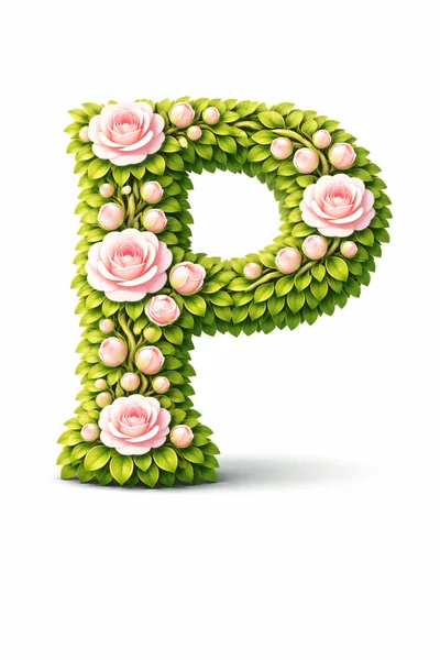 Floral Letter P Made Of Green Leaves And Roses