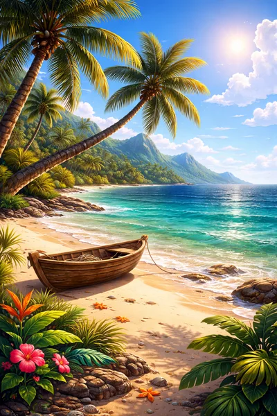 Wooden Boat Resting On A Tropical Beach