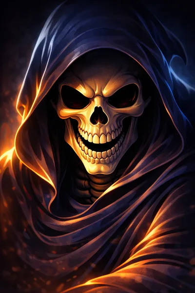 Sinister Grim Reaper Skeleton In Dark Hooded Robe