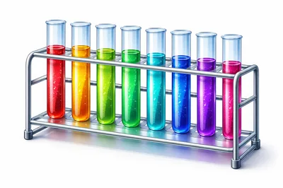 Eight Colorful Test Tubes In A Metal Rack