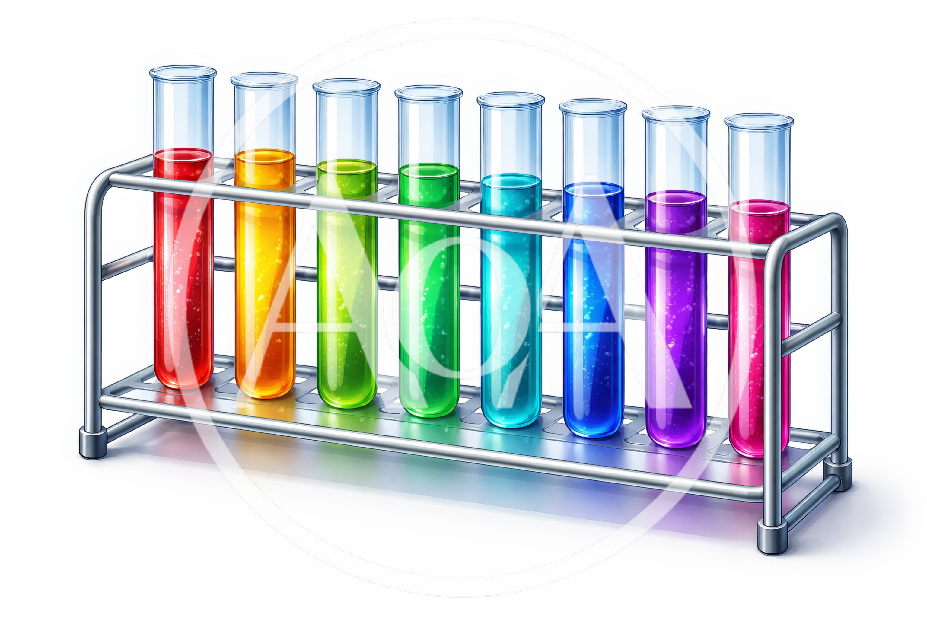 Eight Colorful Test Tubes In A Metal Rack