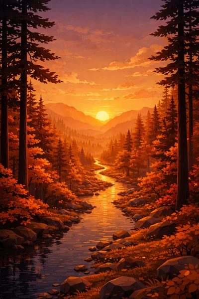 Golden Sunset Over A Winding Forest River
