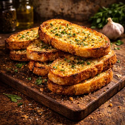 Stack Of Toasted Garlic Bread On Wooden Board