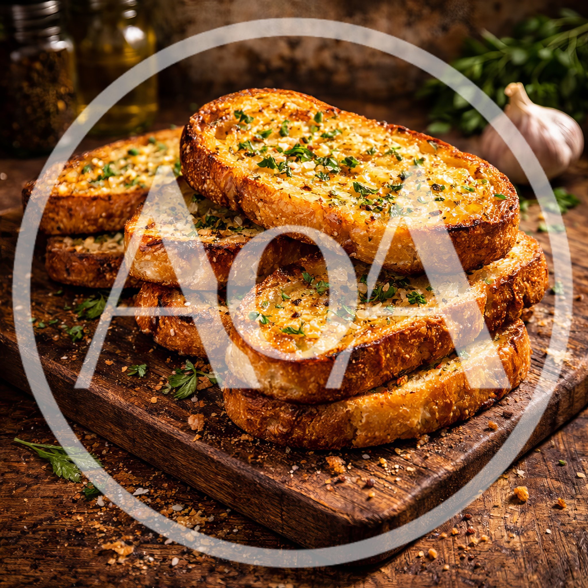 Stack Of Toasted Garlic Bread On Wooden Board