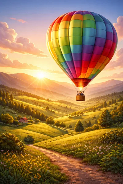Colorful Hot Air Balloon Floating Over Rolling Hills