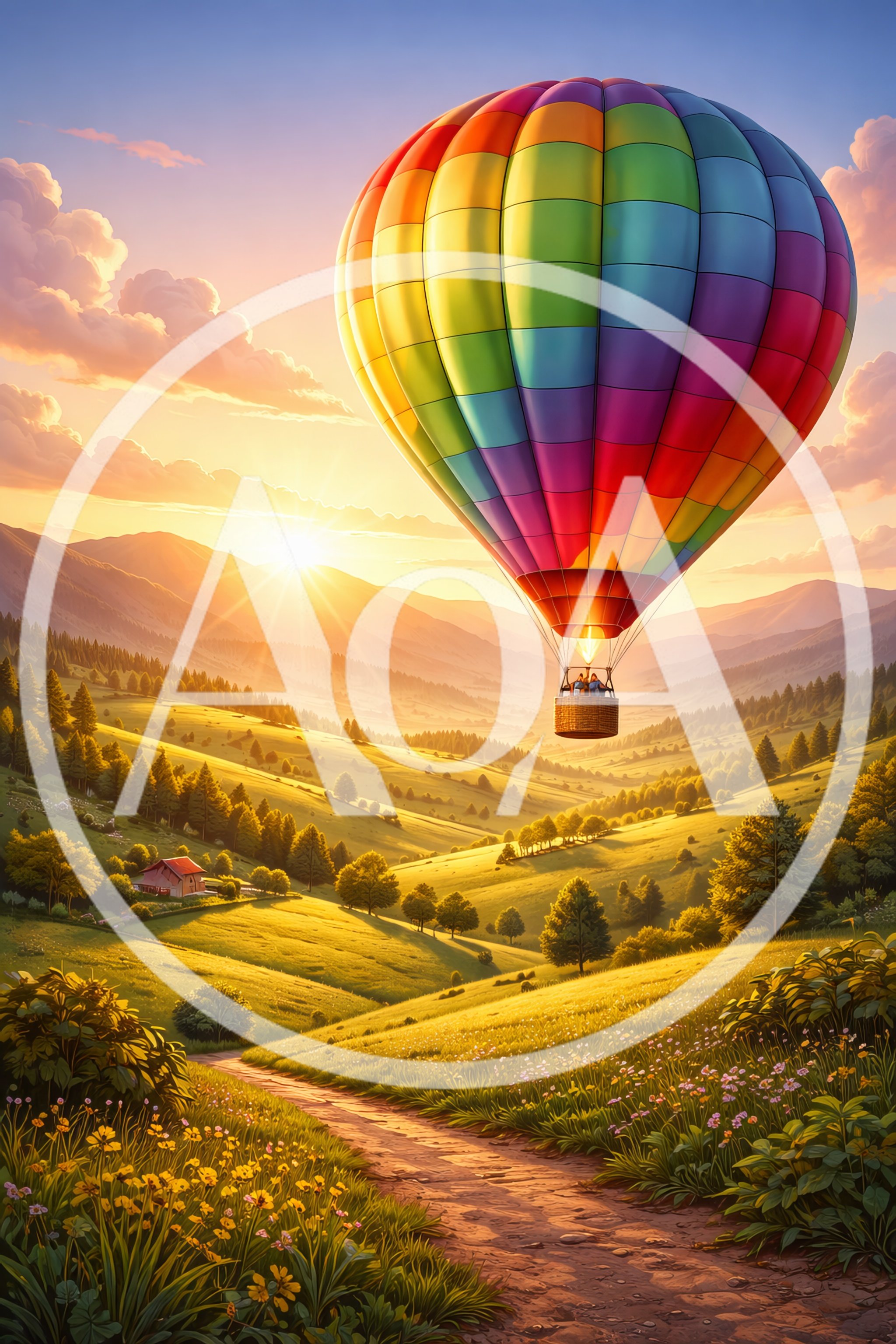Colorful Hot Air Balloon Floating Over Rolling Hills