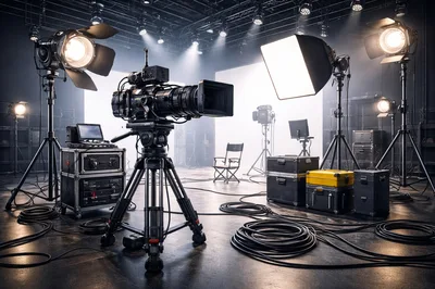 Professional Film Studio Set With Camera And Lighting Equipment