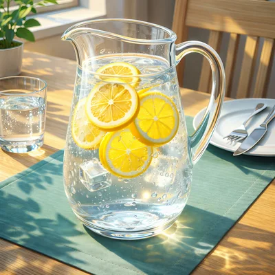 Glass Pitcher Of Lemon Water With Ice Cubes