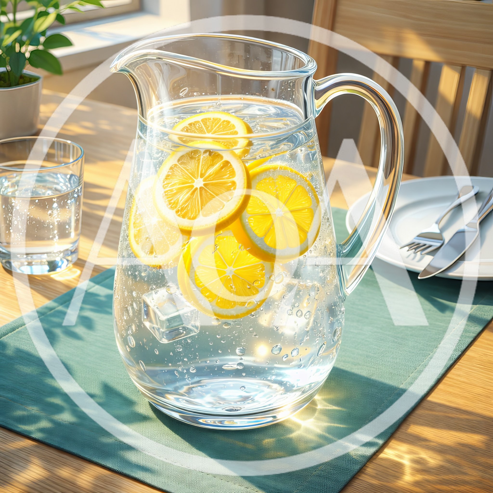 Glass Pitcher Of Lemon Water With Ice Cubes